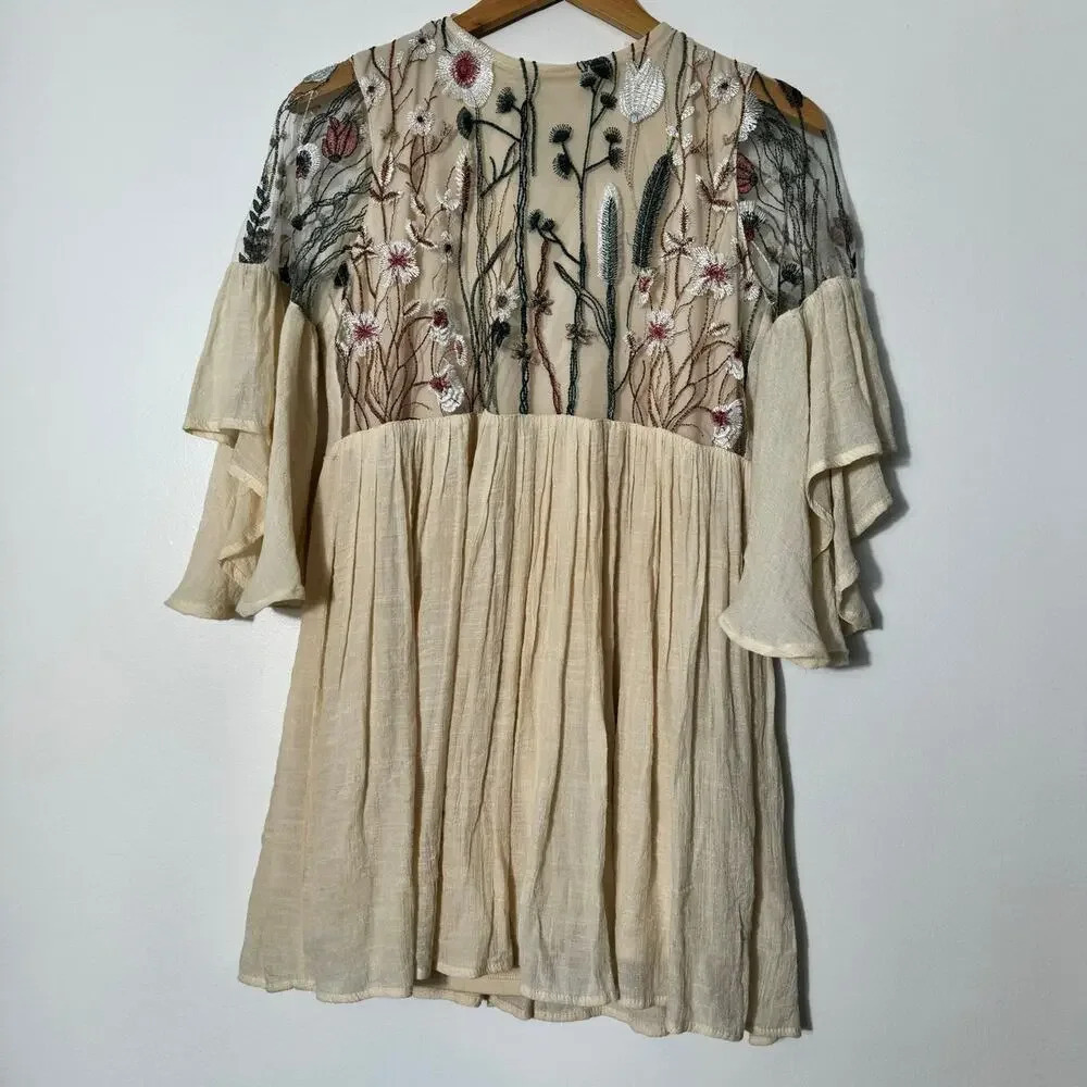 Umgee Dress Women Small Ivory Ebroidered Babydoll Mesh Overlay Crepey Lined Boho - Picture 3 of 12